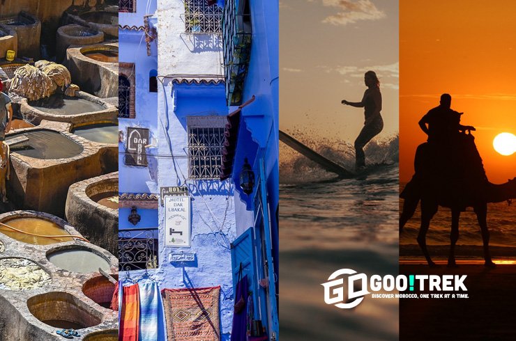 A collage of Morocco activities including camel trekking in the desert, traditional tea with locals on a kasbah rooftop, quad biking across arid landscapes, hiking in sand dunes, paragliding over Moroccan valleys, and surfing on the Atlantic coast — showcasing the variety of cultural and adventure experiences Morocco tours offer.