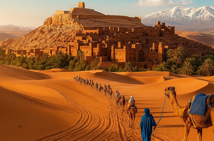 A group of travelers enjoying traditional Moroccan tea on a rooftop in a desert kasbah setting, representing activities Morocco tours and Morocco desert tour experiences.