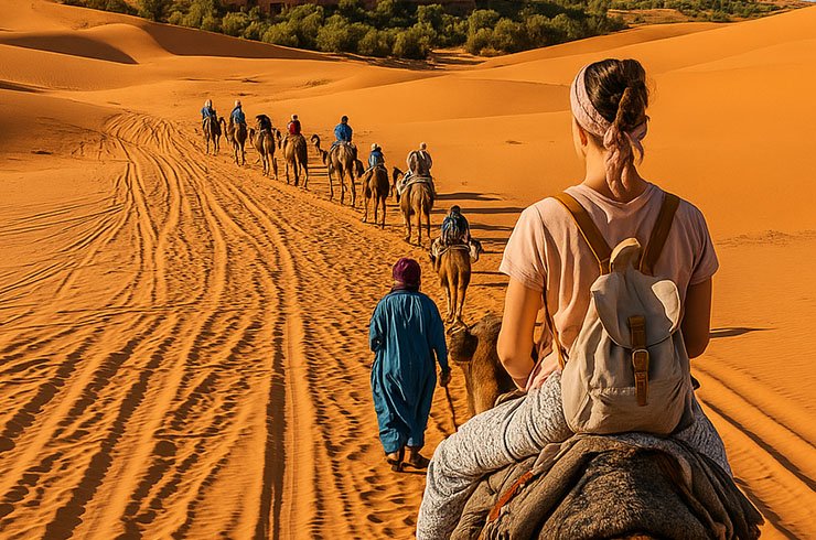 photo of travelers on camelback crossing the Sahara desert dunes toward a traditional Moroccan village with snow-capped Atlas Mountains and the Atlantic coastline in the distance, symbolizing explore Morocco tours and authentic Morocco desert tours.